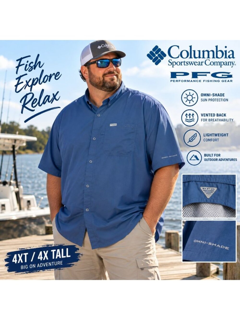 Columbia PFG Shirt Mens 4XLT Blue Omni Shade Fishing Vented Short Sleeve 4XT